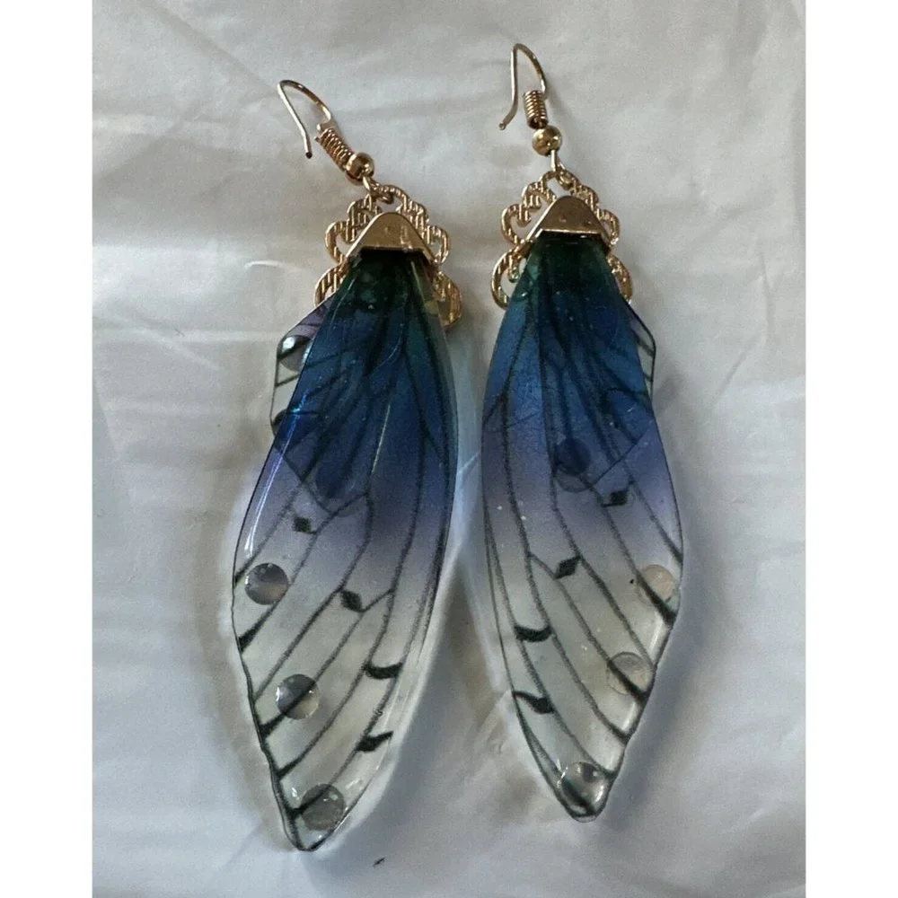 Fairy Earrings Butterfly Wings Handmade‎ Fantasy Elvish Nature Blue Rhinestones
